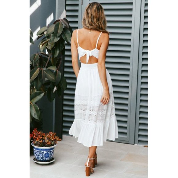 Vacay Style Lace Details tie back midi Dress summer - Picture 6 of 7